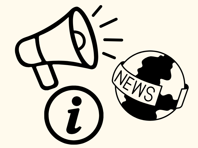 a megaphone, globe that says "news" and and an info icon